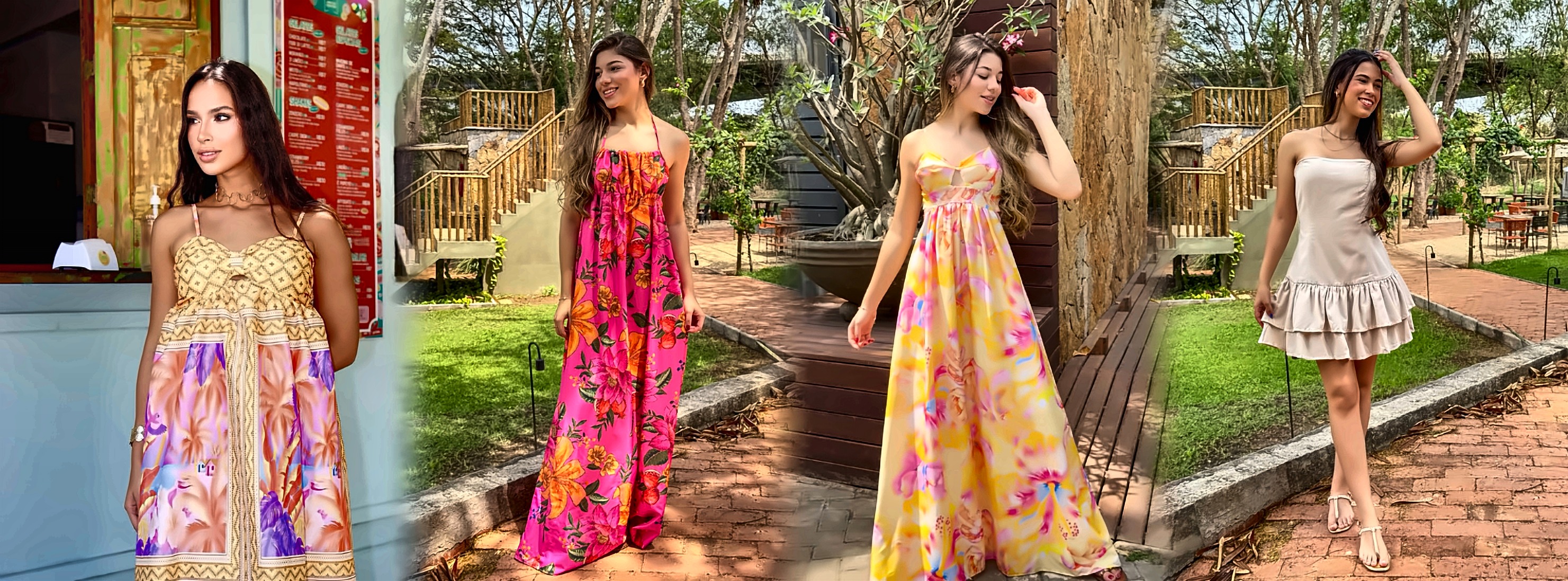 Quatro modelos usando vestidos MyB Maison da coleção verão